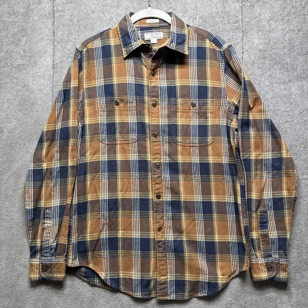 Wallace & Barnes Flannel Shirt Mens S J.Crew Brown Tan Plaid Long Sleeve Classic